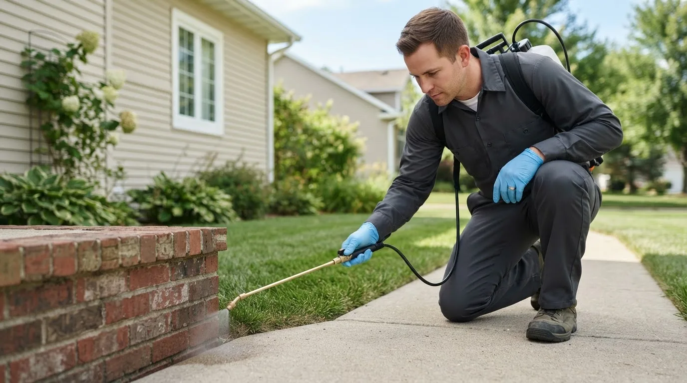 Pest control technician treating a home near Baylis, IL