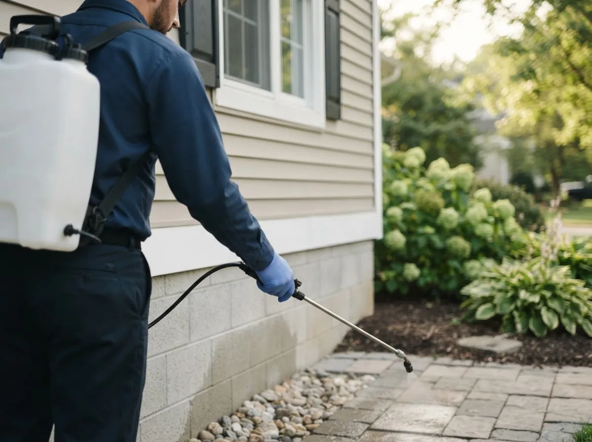 Pest control technician inspecting a home in Baylis, IL